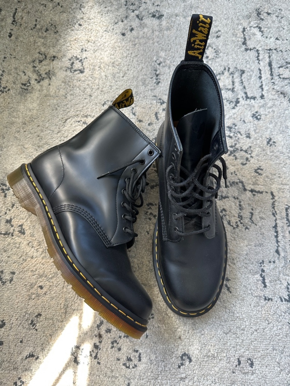 Dr. Martens Black Leather 8-Eye Boots with Yellow Stitching